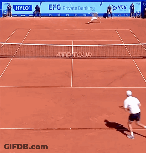 A Tennis Court With Advertisements For Hylo And Efg Private Banking Behind The Net GIF
