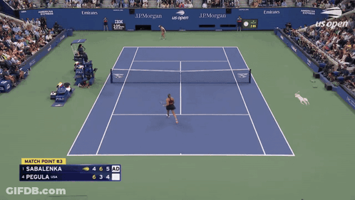 A Tennis Match Is Being Played On A Court Sponsored By Jpmorgan GIF