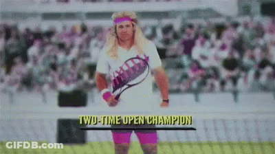A Tennis Player Is Holding A Tennis Racquet With The Words Two-Time Open Champion Written Above Him GIF