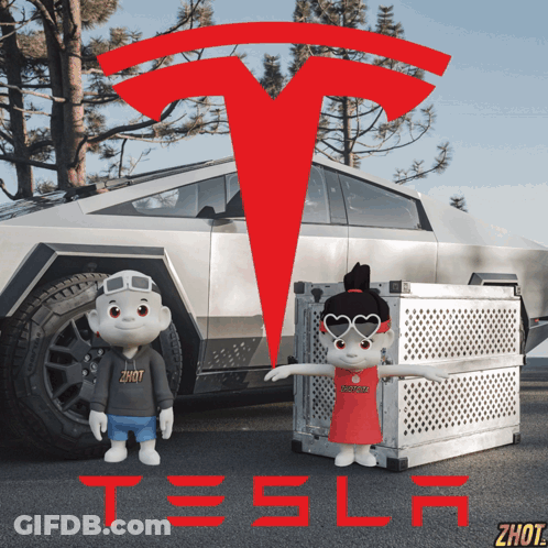A Tesla Advertisement With Two Dolls In Front Of The Car GIF