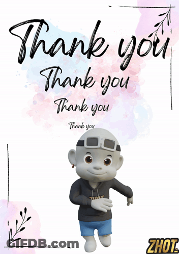 A Thank You Card With A Cartoon Character Wearing A Hoodie That Says Zhot GIF