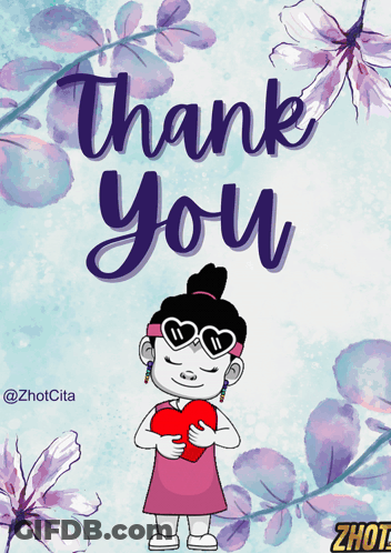 A Thank You Card With A Cartoon Girl Holding A Red Heart GIF