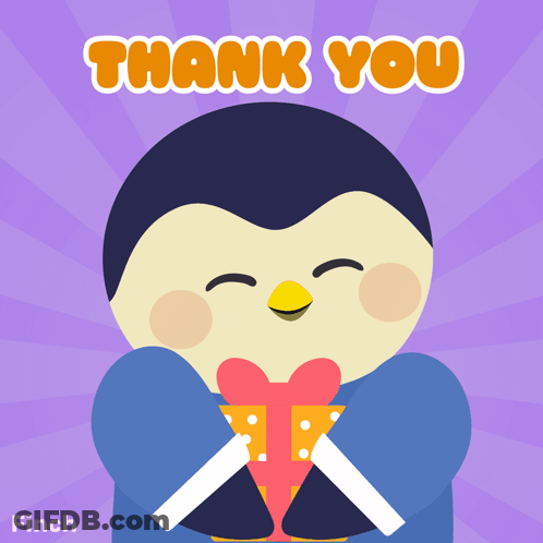 A Thank You Card With A Penguin Holding A Heart Shaped Present GIF
