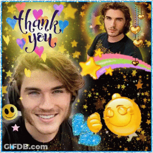 A Thank You Card With A Picture Of A Young Man And A Smiley Face GIF