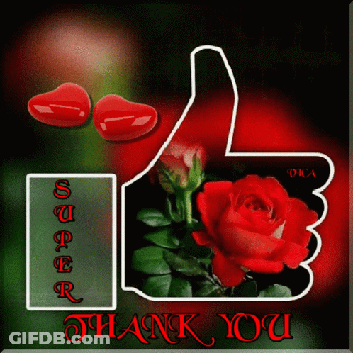 A Thank You Card With A Thumbs Up And Red Roses GIF