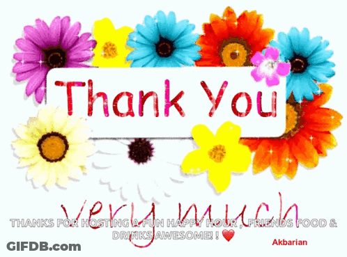 A Thank You Card With Colorful Flowers And The Words " Thank You Very Much " GIF