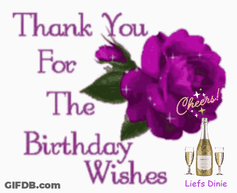 A Thank You For The Birthday Wishes Card With A Purple Flower And Champagne GIF