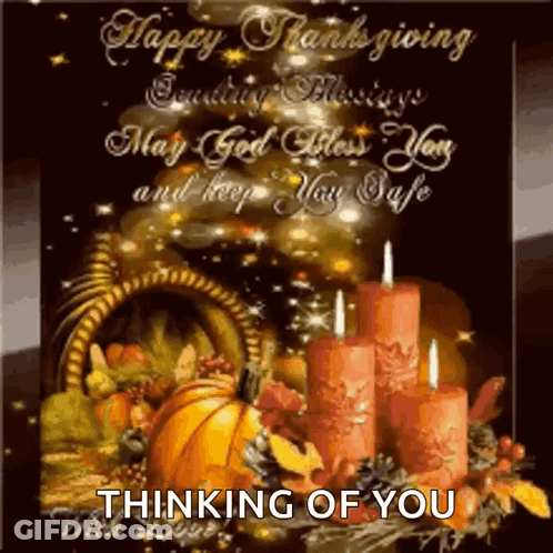 A Thanksgiving Card With A Cornucopia And Candles GIF