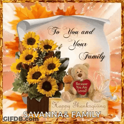 A Thanksgiving Card With A Teddy Bear And Sunflowers GIF