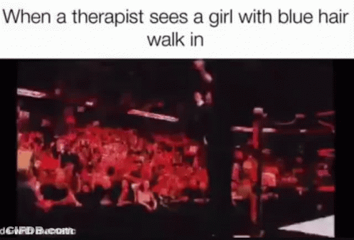 A Therapist Sees A Girl With Blue Hair Walk In GIF