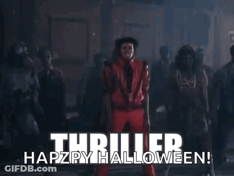 A Thriller Happy Halloween Greeting Card With A Group Of Zombies Dancing In The Street . GIF