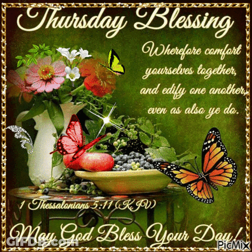 A Thursday Blessing Greeting Card With Butterflies And Flowers GIF