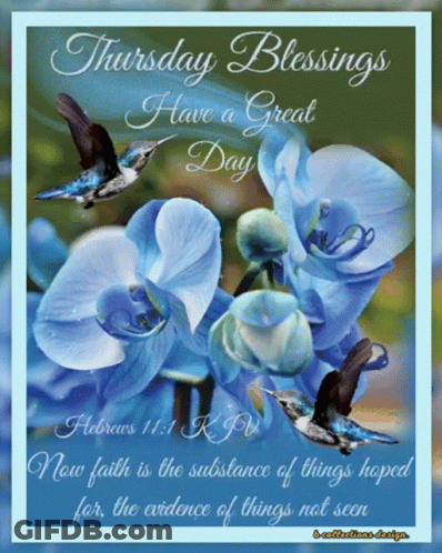 A Thursday Blessings Greeting Card With Blue Flowers And Hummingbirds GIF