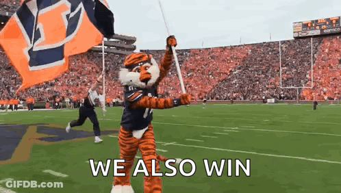 A Tiger Mascot Is Holding A Flag On A Football Field And Says `` We Also Win '' . GIF