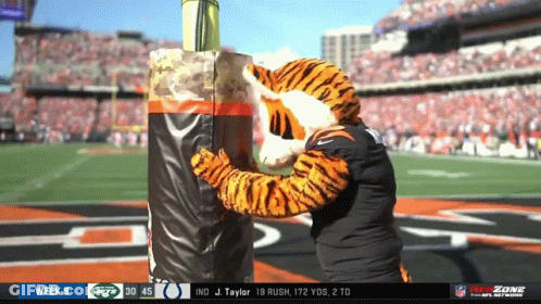 A Tiger Mascot Stands On A Football Field With A Scoreboard That Says Week 9 GIF