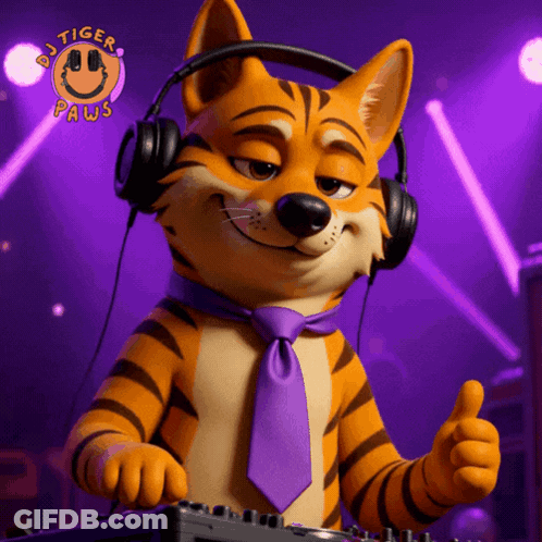 A Tiger Paws Mascot Wearing Headphones And A Purple Tie GIF