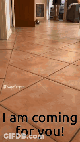 A Tiled Floor With The Words I Am Coming For You Written On It GIF