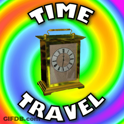 A Time Travel Logo With A Clock On A Rainbow Background GIF