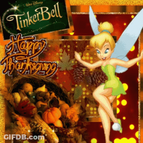 A Tinkerbell Happy Thanksgiving Card With A Basket Full Of Vegetables GIF