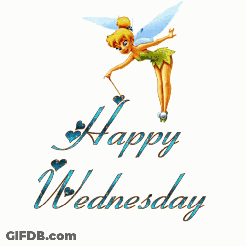 A Tinkerbell Is Flying In The Air With The Words Happy Wednesday Below Her GIF