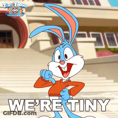 A Tiny Toons Bunny Says We 'Re Tiny In Front Of Some Stairs GIF