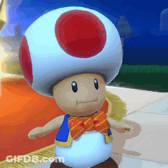 A Toad Is Wearing A Blue Vest And A Red Bow Tie GIF