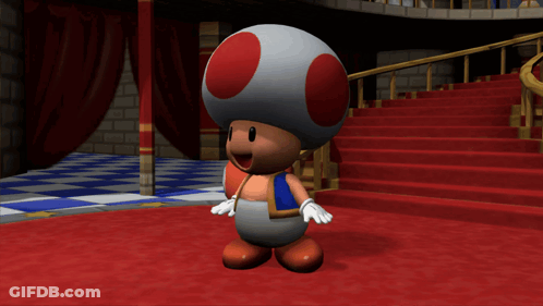 A Toad Standing On A Red Carpet Next To Stairs GIF