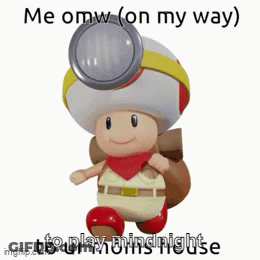 A Toad With A Magnifying Glass On His Head Says Me Omw On My Way To Play Mining Night GIF