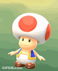 A Toad With A Red Circle On His Head Is Standing On A Green Field . GIF