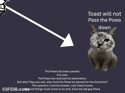 A Toast Will Not Pass The Powa Down Poster With A Cat In The Foreground GIF