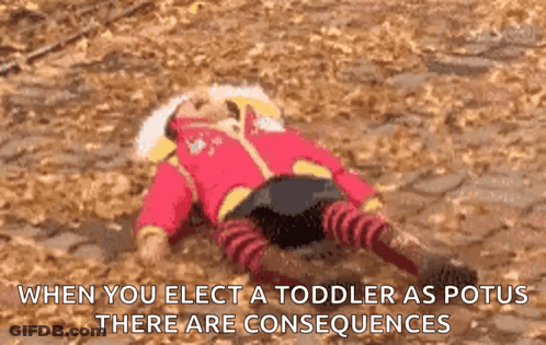 A Toddler Is Laying On The Ground With The Caption When You Elect A Toddler As Potus There Are Consequences GIF