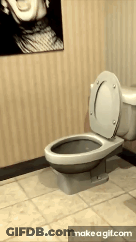 A Toilet In A Bathroom With A Picture Of A Man On The Wall GIF