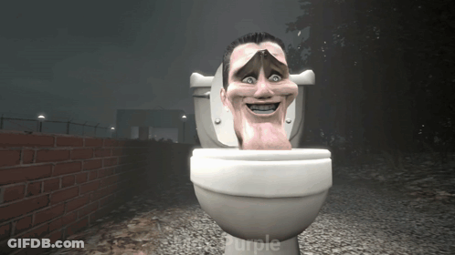 A Toilet With A Man 'S Head Sticking Out Of It And The Words Purple Behind It GIF