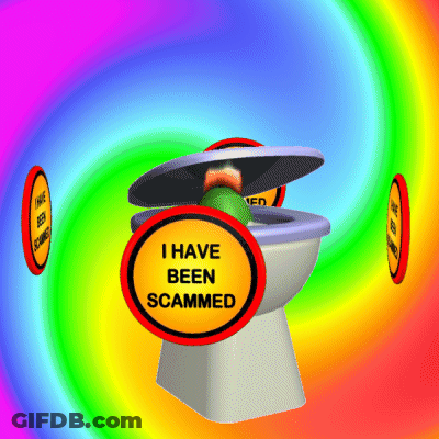 A Toilet With A Sign That Says I Have Been Scammed On It GIF