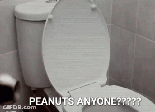 A Toilet With The Lid Up And The Words Peanuts Anyone On It GIF