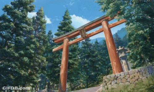 A Torii Gate In The Middle Of A Forest With A Blue Sky GIF