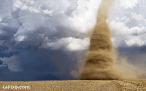A Tornado Is Moving Through A Field With A Cloudy Sky Behind It GIF