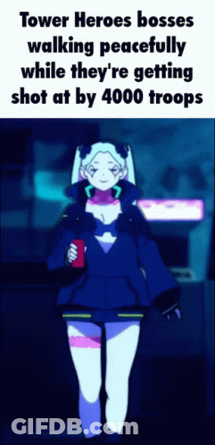 A Tower Heroes Boss Is Walking Peacefully While They 'Re Getting Shot At By 4000 Troops GIF
