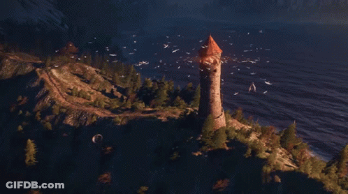 A Tower With A Red Roof Sits On Top Of A Small Island With Birds Flying Around It GIF