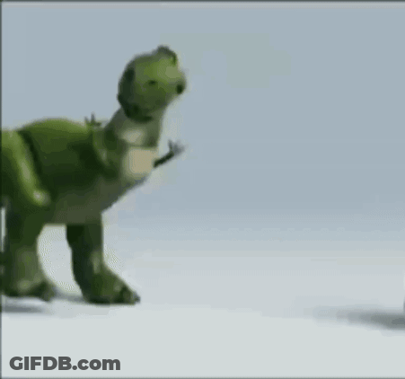 A Toy Dinosaur From The Movie Toy Story Is Walking On A White Surface . GIF