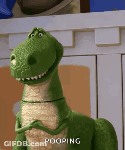 A Toy Dinosaur From Toy Story Is Pooping In Front Of A Cabinet GIF