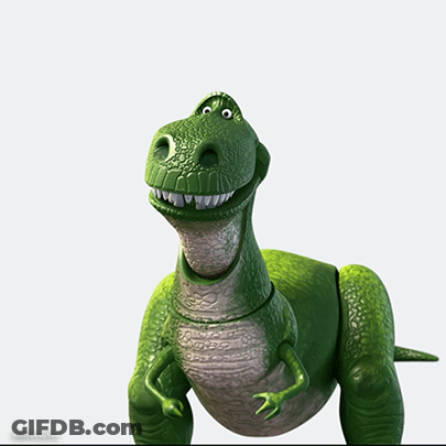 A Toy Dinosaur From Toy Story Is Smiling And Looking Up GIF