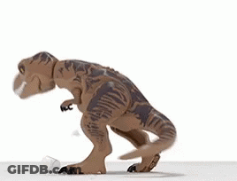 A Toy Dinosaur Is Standing On A White Surface With Its Mouth Open And A Plastic Bottle In Its Mouth . GIF