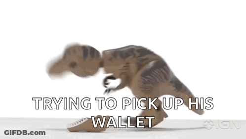 A Toy Dinosaur Is Trying To Pick Up A Wallet . GIF