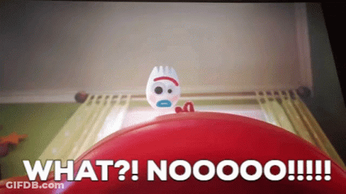 A Toy From The Movie Toy Story 4 Is Sitting On Top Of A Red Object With The Words " What ? Nooooo !!! " GIF