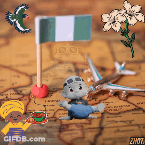 A Toy Plane Is Sitting On Top Of A Map With The Word Nigeria On It GIF