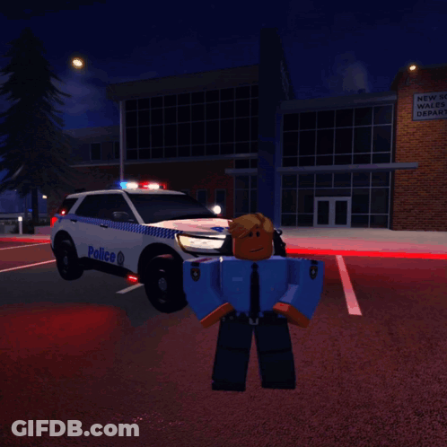 A Toy Police Officer Is Standing In Front Of A Police Car GIF