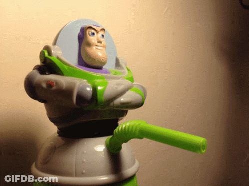 A Toy Story Buzz Lightyear Figure With A Green Straw GIF