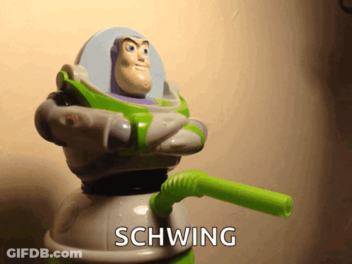 A Toy Story Buzz Lightyear Holding A Green Straw With Schwing Written On The Bottom GIF