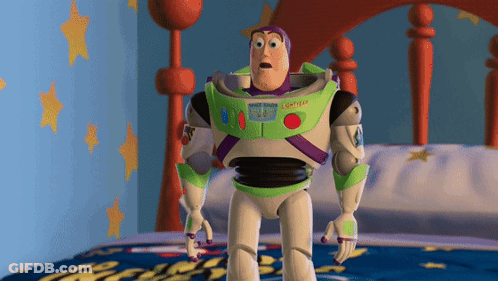 A Toy Story Character Named Buzz Lightyear Standing On A Bed GIF